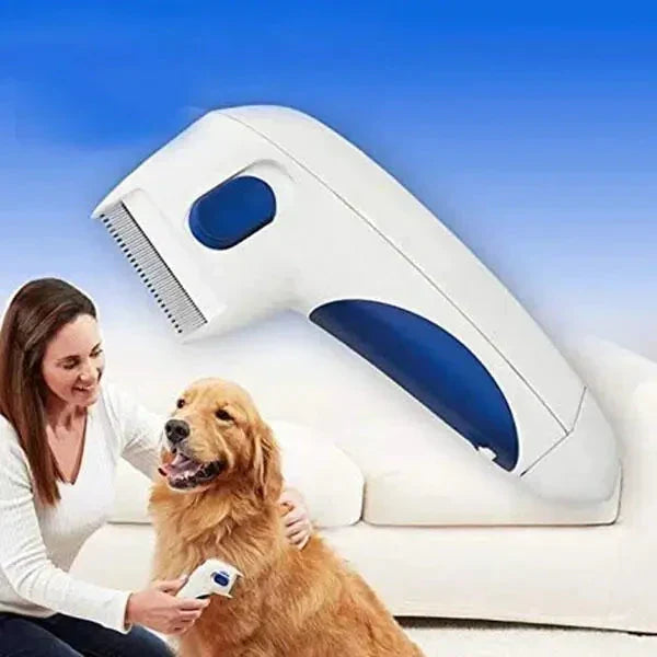 Fellpflegegerät für Hunde, weiß-blau, elektrische Tierhaarbürste, Haustierpflege.