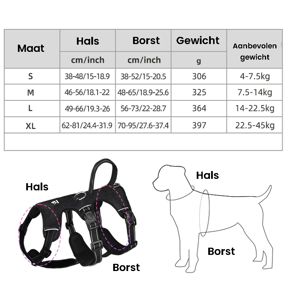 Größentabelle für Hundegeschirr, schwarz, verstellbar, Hals- und Brustumfang, verschiedene Größen.