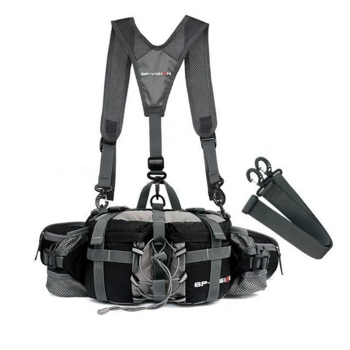 Schwarzer taktischer Hundegeschirr-Rucksack mit verstellbaren Gurten und Taschen für Outdoor-Aktivitäten.