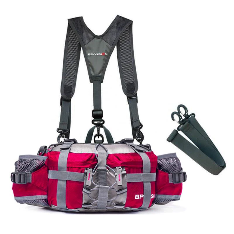 Roter taktischer Hundegeschirr-Rucksack, verstellbar, mit Taschen, für Outdoor-Aktivitäten.
