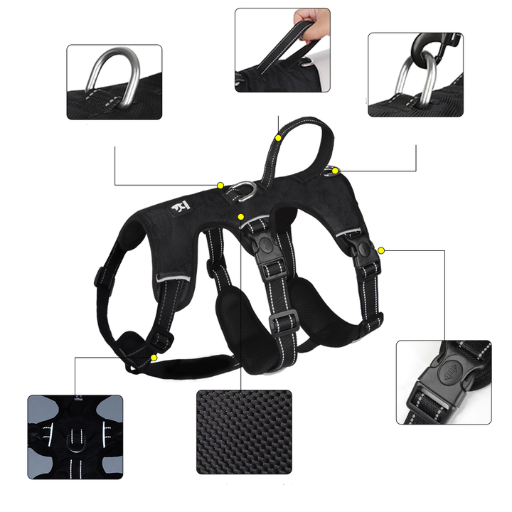 Schwarzes Hundegeschirr, verstellbar, reflektierend, robustes Material, mit Griff und D-Ring.