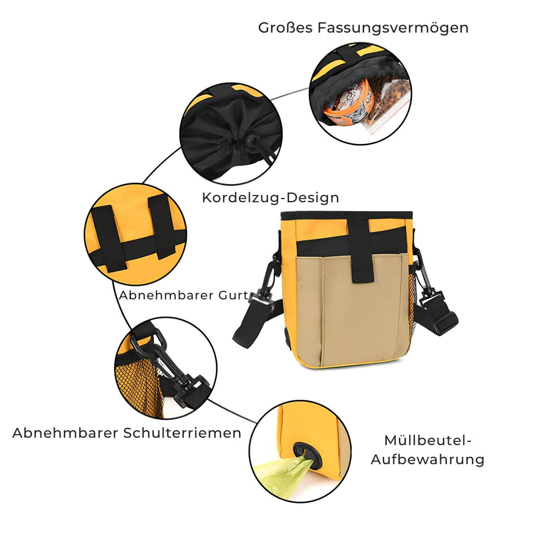 Gelber Hundeleckerli-Beutel mit Kordelzug, abnehmbarem Gurt und Müllbeutel-Aufbewahrung.
