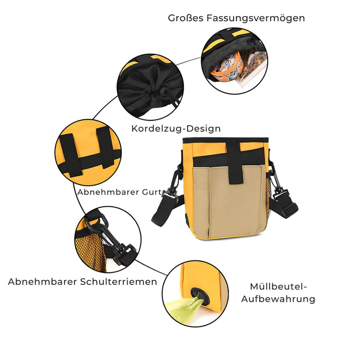 Gelber Hundeleckerli-Beutel mit Kordelzug, abnehmbarem Gurt und Müllbeutel-Aufbewahrung.