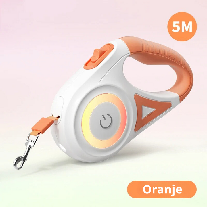 Orangefarbene Hundeleine, 5 Meter, automatischer Aufrollmechanismus, ergonomischer Griff.