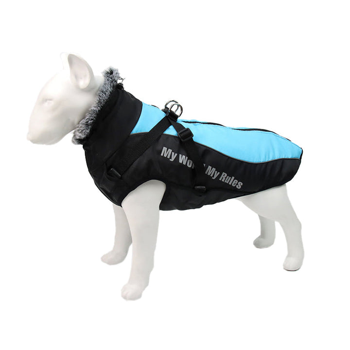 Hundemantel blau-schwarz, wasserdicht, mit Aufschrift "My world My Rules", für kaltes Wetter.