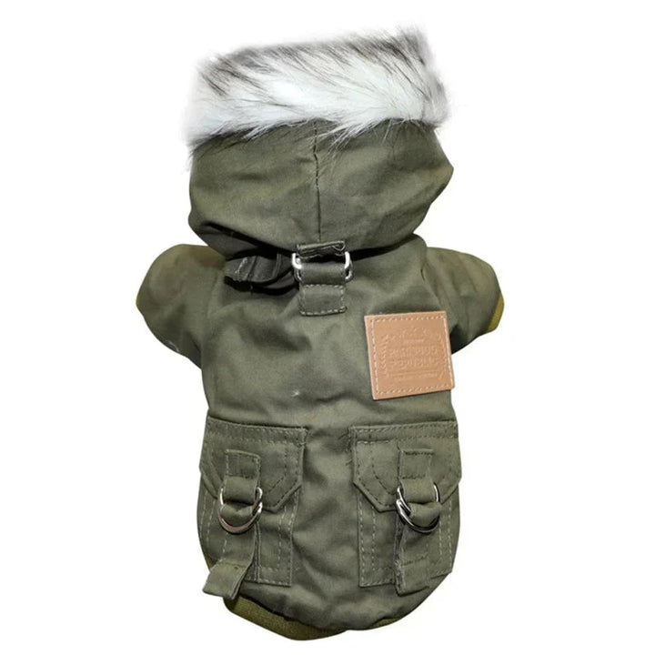 Grüne Hundejacke mit Kapuze und Kunstfell, Taschen, D-Ringe, warm, wasserdicht.