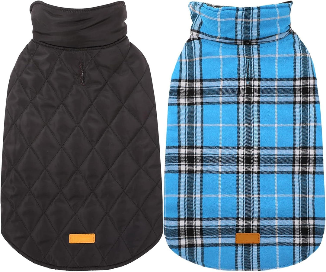 Schwarzer und blau karierter Hundemantel, wendbar, warm, wasserdicht, Winterbekleidung.