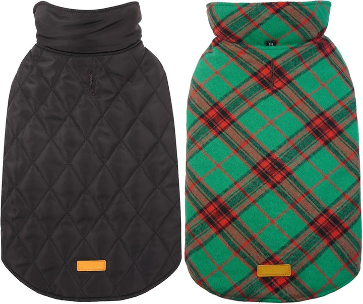 Wendbarer Hundemantel, schwarz und grün kariert, wasserdicht, warm, Winterbekleidung.