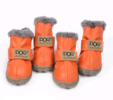 Orange Hundeschuhe mit grauem Fellrand, rutschfeste Sohle, wetterfest, für kleine Hunde.