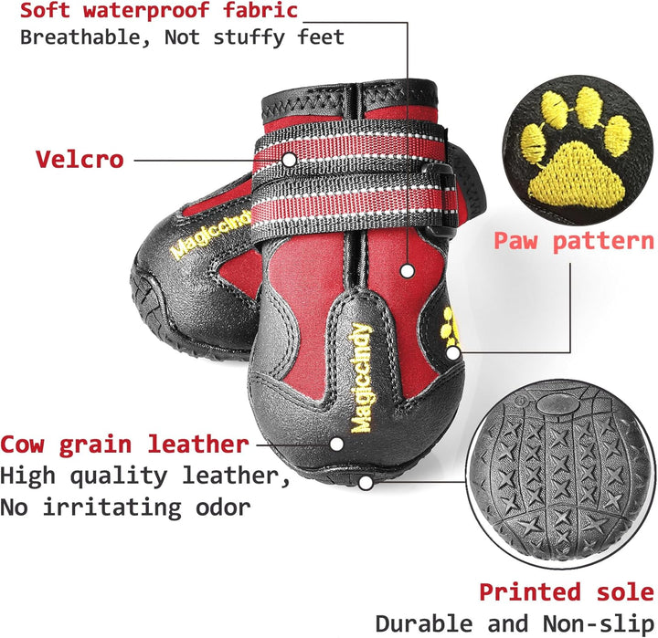 Rote Hundeschuhe aus Leder mit Klettverschluss, wasserdicht, rutschfeste Sohle, Pfotenmuster.