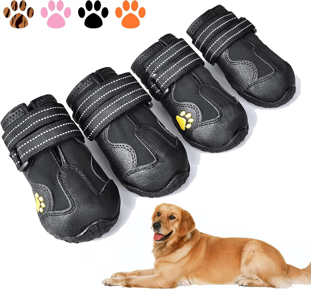 Schwarze Hundeschuhe aus Leder mit Klettverschluss, Pfotenabdruck-Design, Set aus vier Stück.