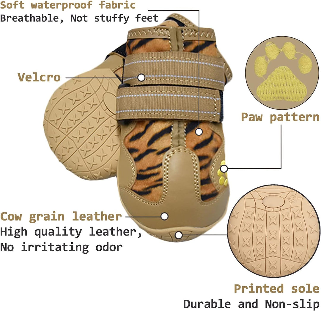 Braune Hundeschuhe mit Tigerstreifen, wasserdicht, rutschfeste Sohle, Klettverschluss.