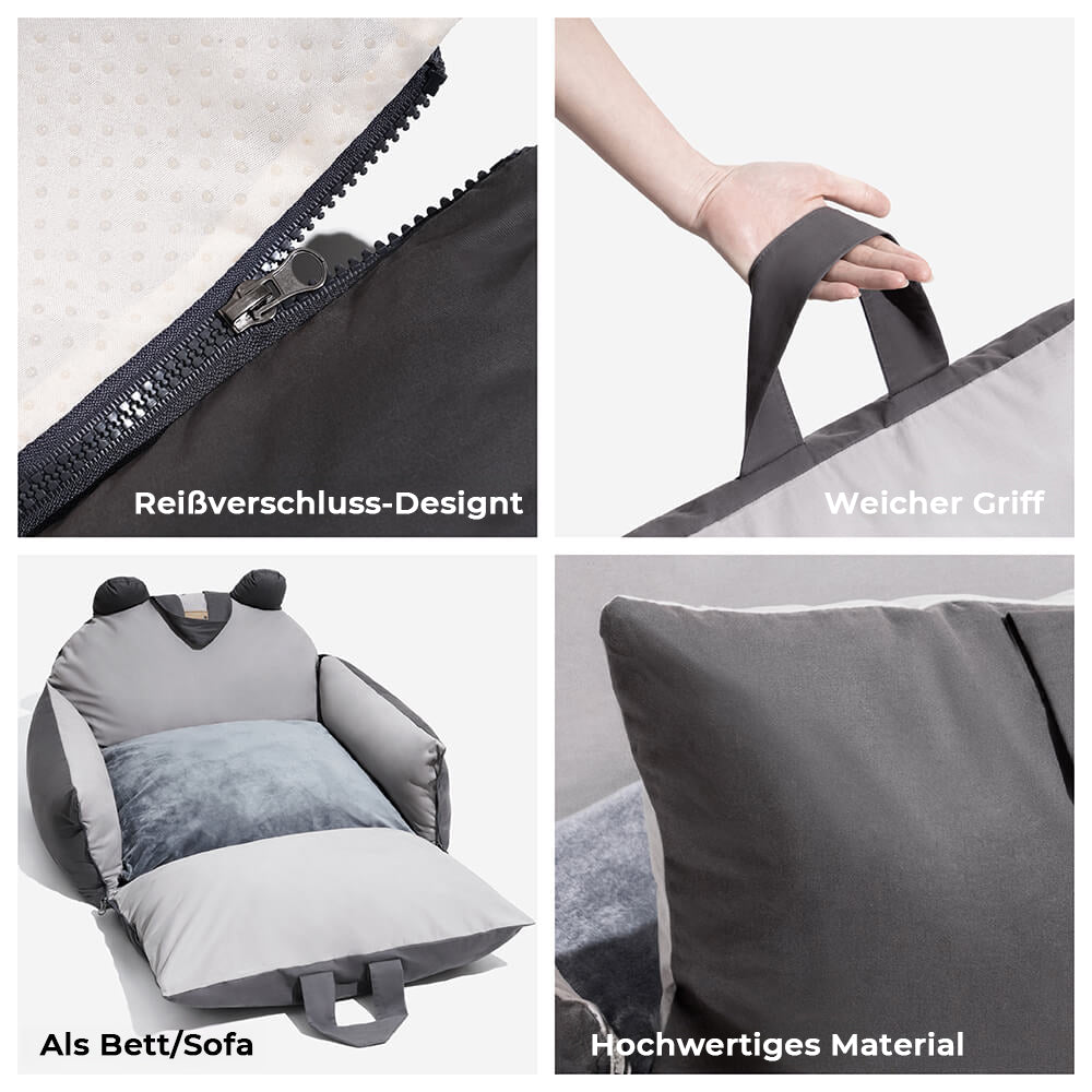 Hundesitz mit Bärenohren, grau, Reißverschluss, weicher Griff, hochwertiges Material, Auto-Sicherheit.