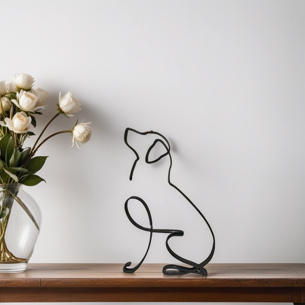 Schwarze Metall-Hundeskulptur auf Holzregal neben Vase mit weißen Rosen.