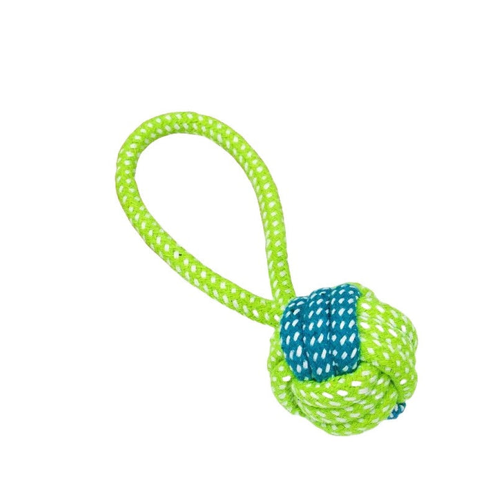 Grünes und blaues Hundespielzeug aus Seil, Knotenball mit Schlaufe, robust und langlebig.