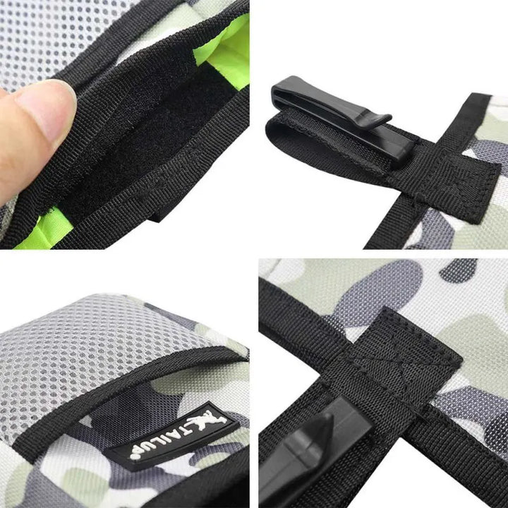 Hundetraining Leckerli-Tasche, grau-grün, Camouflage-Muster, mit Clip, für Snacks und Belohnungen.