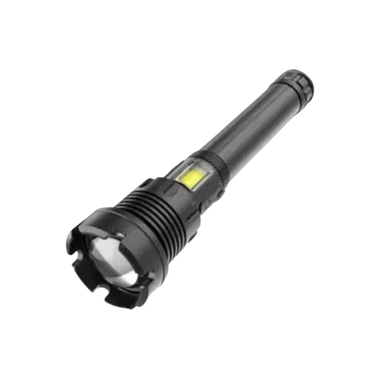 Schwarze LED-Taschenlampe, robustes Design, ideal für Outdoor-Aktivitäten und Notfälle.