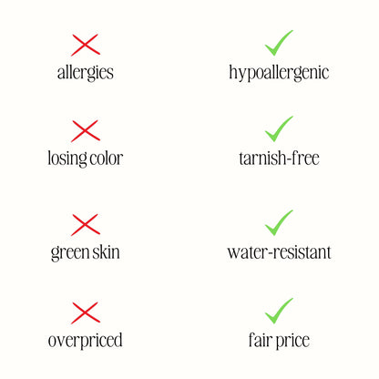 Vergleichstabelle Schmuck: hypoallergen, anlaufbeständig, wasserfest, fairer Preis.