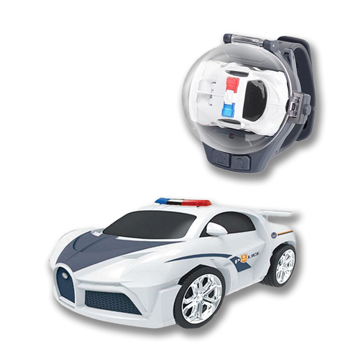 Weißes Spielzeugauto mit Polizei-Design, ferngesteuert, Kunststoff, für Kinder.