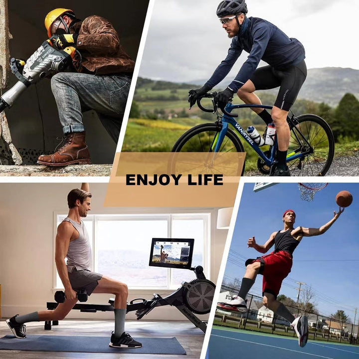 Arbeiter mit Bohrhammer, Radfahrer, Rudergerät-Training, Basketballspieler im Freien.
