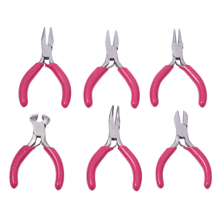 Sechsteiliges Zangen-Set mit pinken Griffen, ideal für Schmuckherstellung und Handwerk.