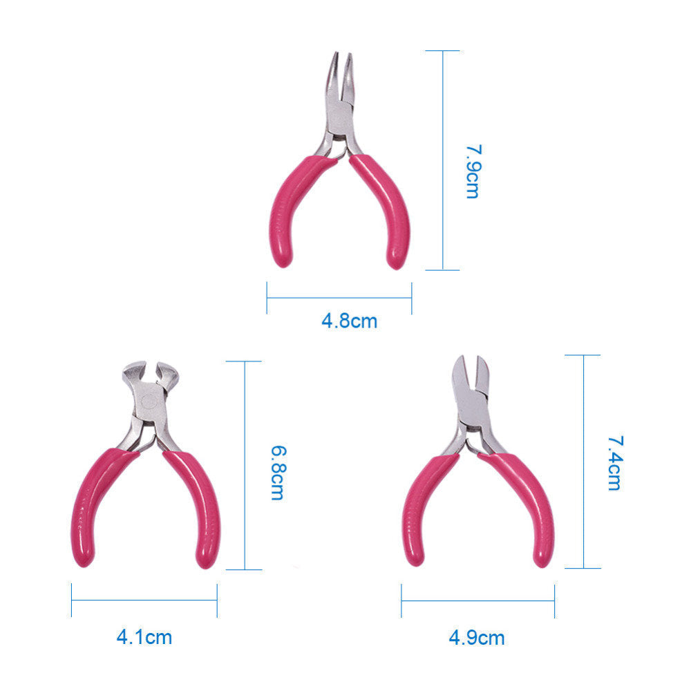 Drei rosa Schmuckzangen-Set, Edelstahl, ergonomische Griffe, ideal für DIY-Bastelarbeiten.