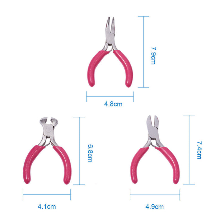 Drei rosa Schmuckzangen-Set, Edelstahl, ergonomische Griffe, ideal für DIY-Bastelarbeiten.