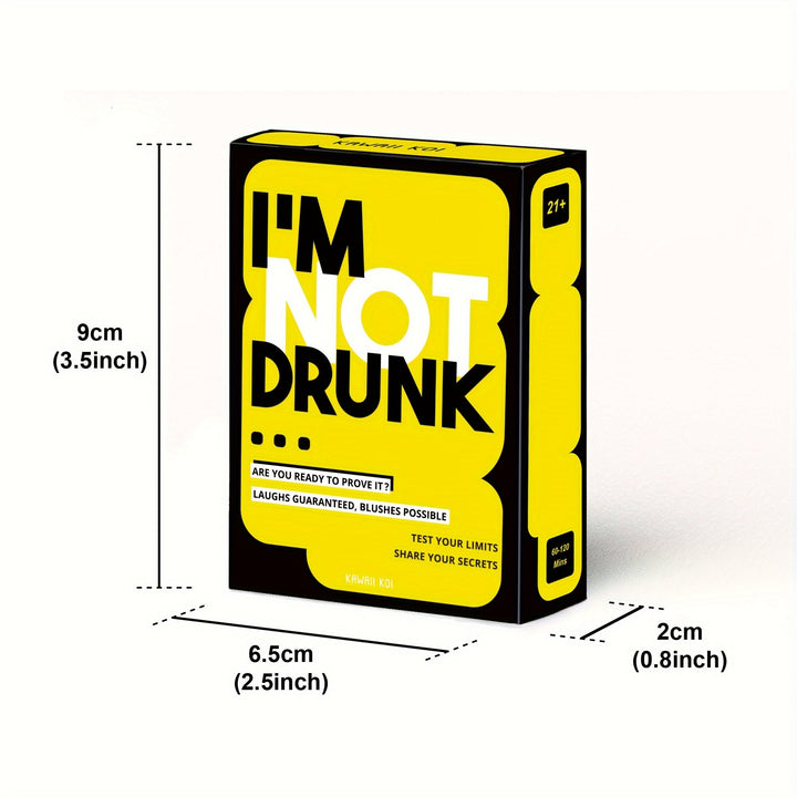 Gelbes Kartenspiel "I'm Not Drunk" mit schwarzem Text, Maße 9x6.5x2 cm, Partyspiel ab 21 Jahren.