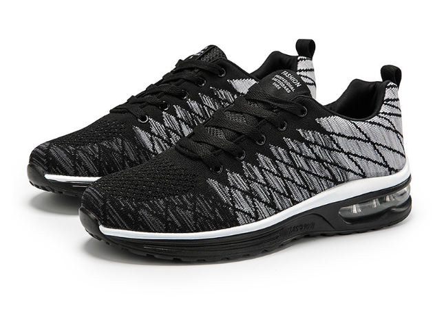 Schwarze und weiße Sportschuhe, atmungsaktives Mesh, Air-Sohle, Herren Sneaker.