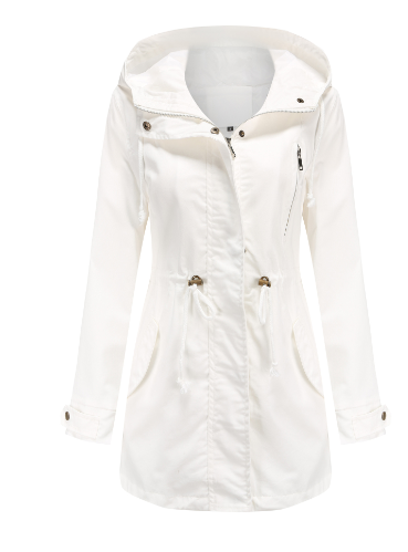 Weiße Damenjacke mit Kapuze, Reißverschluss, Kordelzug, Taschen, modisch, elegant.