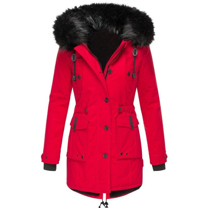 Roter Damenparka mit Kapuze, Kunstfellbesatz, Winterjacke, warm, modisch, Outdoor-Bekleidung.