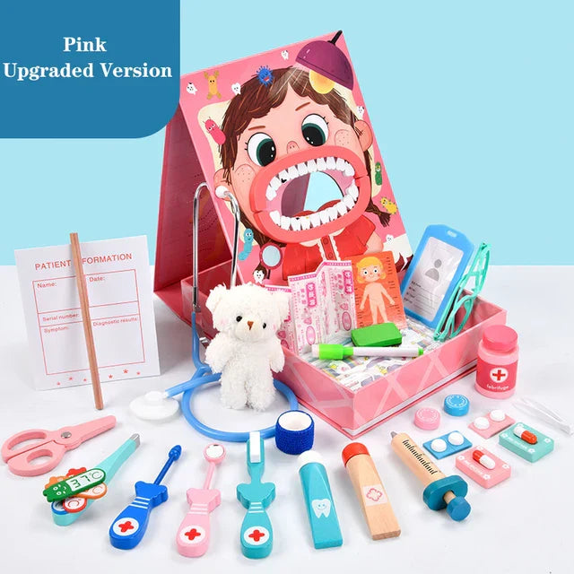 Rosa Arztkoffer Spielzeug-Set für Kinder, inklusive Plüschbär und Zahnarztzubehör.
