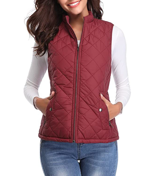 Damen Steppweste rot, ärmellos, Reißverschluss, Herbstmode, Freizeitkleidung, elegant.