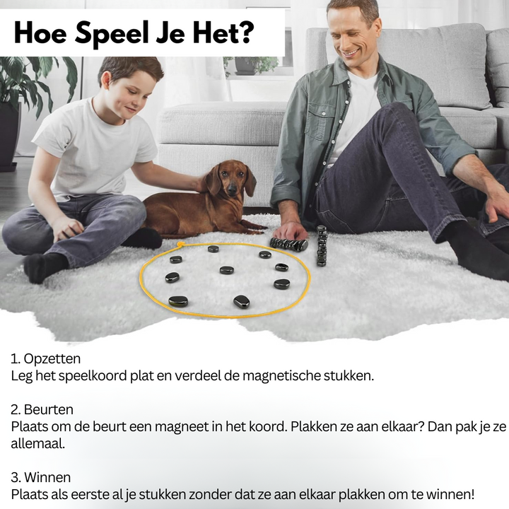 Familie spielt mit Hund auf Teppich, magnetisches Spiel, Vater und Sohn, Freizeitaktivität.