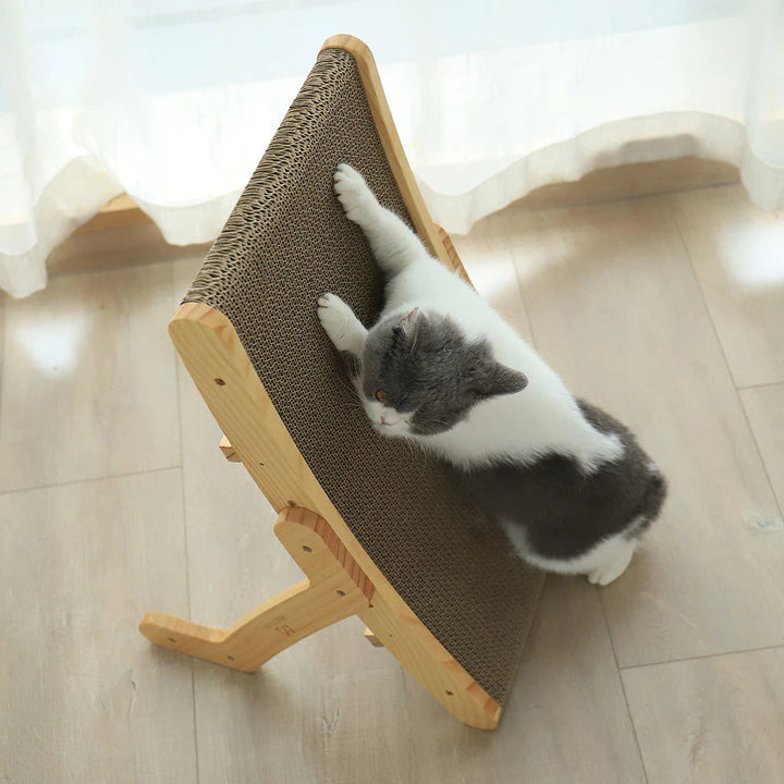 Katzenkratzbrett aus Holz, Zen-Design, mit Katze, Kratzmöbel, Kratzbaum, Katzenbett, modern.