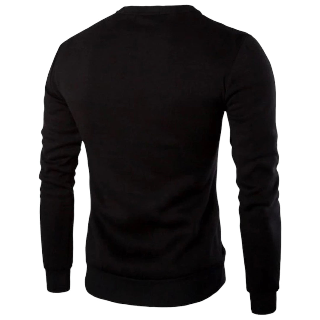 Schwarzer Herrenpullover, langärmelig, Baumwolle, Rückansicht, modisch, bequem, Freizeitkleidung.