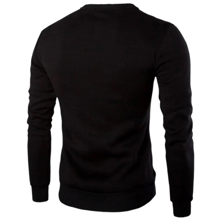 Schwarzer Herrenpullover, langärmelig, Baumwolle, Rückansicht, modisch, bequem, Freizeitkleidung.