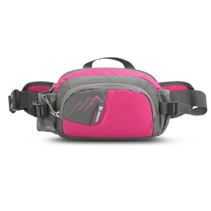 Rosa und graue Gürteltasche, Nylon, Outdoor, verstellbar, mit Reißverschluss und Mesh-Taschen.