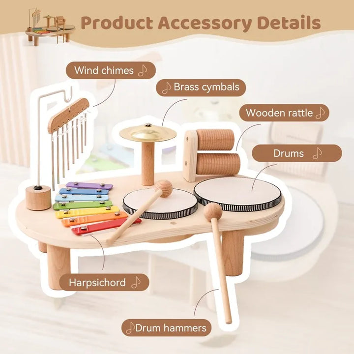 Holz-Musikinstrumente-Set für Kinder mit Xylophon, Trommeln, Windspiel, Rassel und Becken.