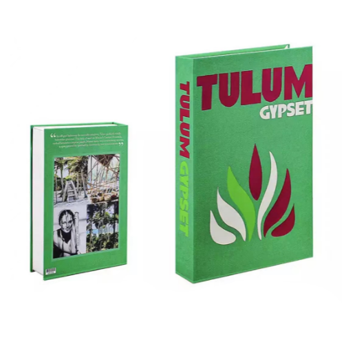 Grünes Buch "Tulum Gypset", Hardcover, modernes Design, Reiseinspiration, Dekoration.