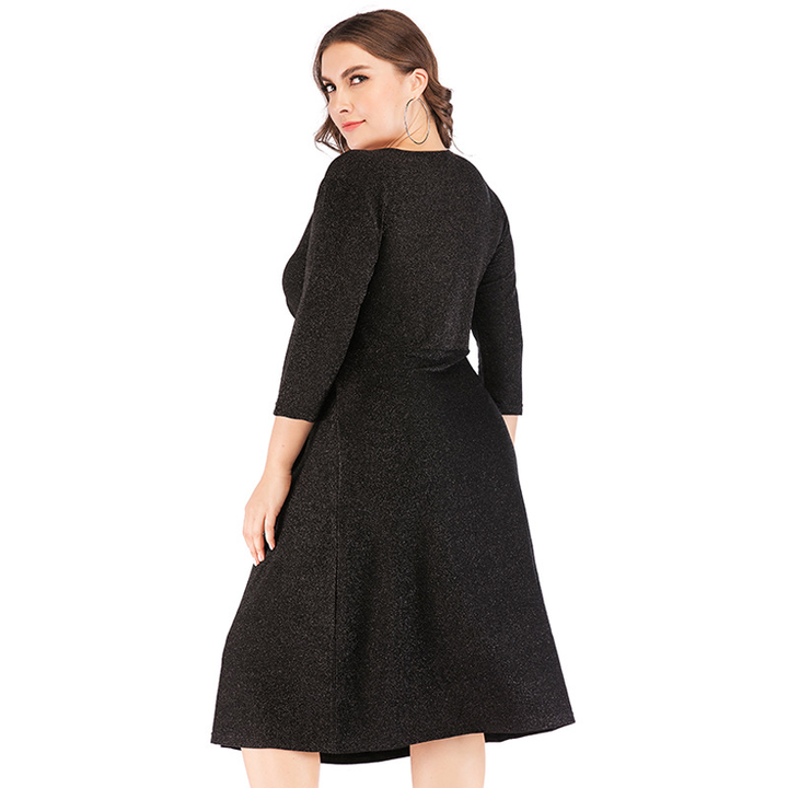 Damenkleid schwarz, knielang, 3/4-Ärmel, elegantes Design, Abendmode, Plus Size.