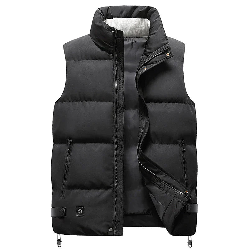 Schwarze Herren-Daunenweste, ärmellos, Reißverschluss, warm, modisch, Winterbekleidung.