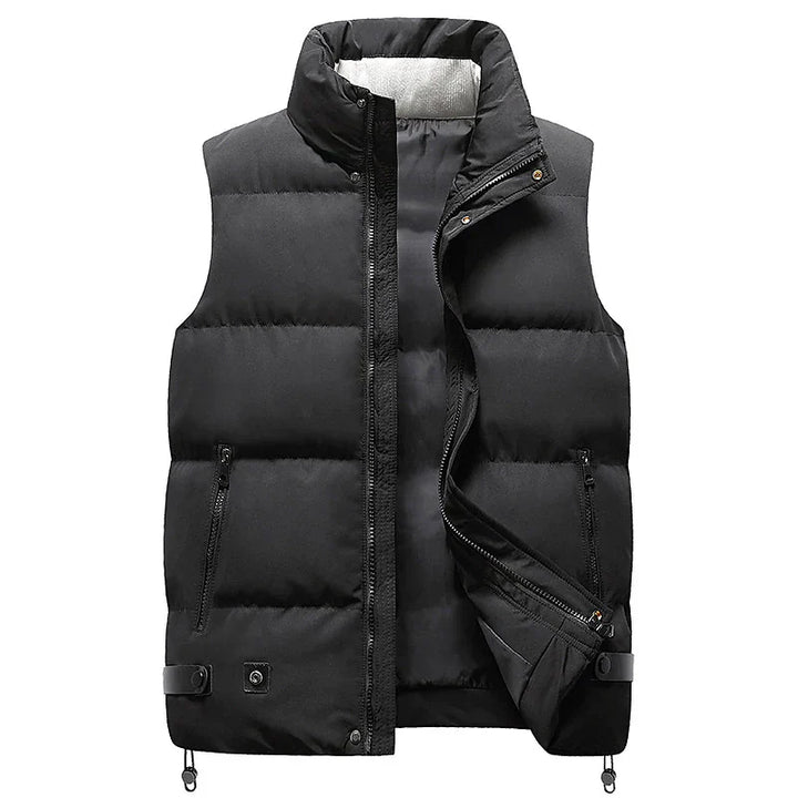Schwarze Herren-Daunenweste, ärmellos, Reißverschluss, warm, modisch, Winterbekleidung.