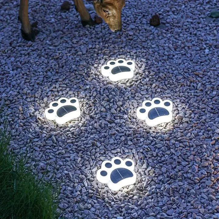 Solarbetriebene LED-Pfotenlichter auf Kiesweg, dekorative Gartenbeleuchtung, energiesparend.