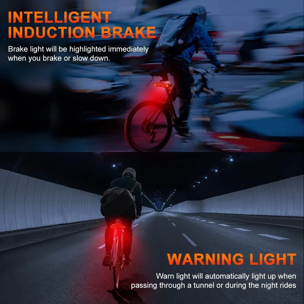 Fahrrad mit intelligentem Induktionsbremssystem und Warnlicht in einem Tunnel bei Nacht.