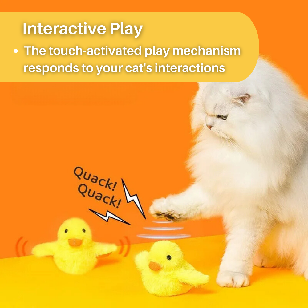 Weiße Katze spielt mit gelbem Plüschspielzeug, interaktives Katzenspielzeug, Touch-aktiviert.