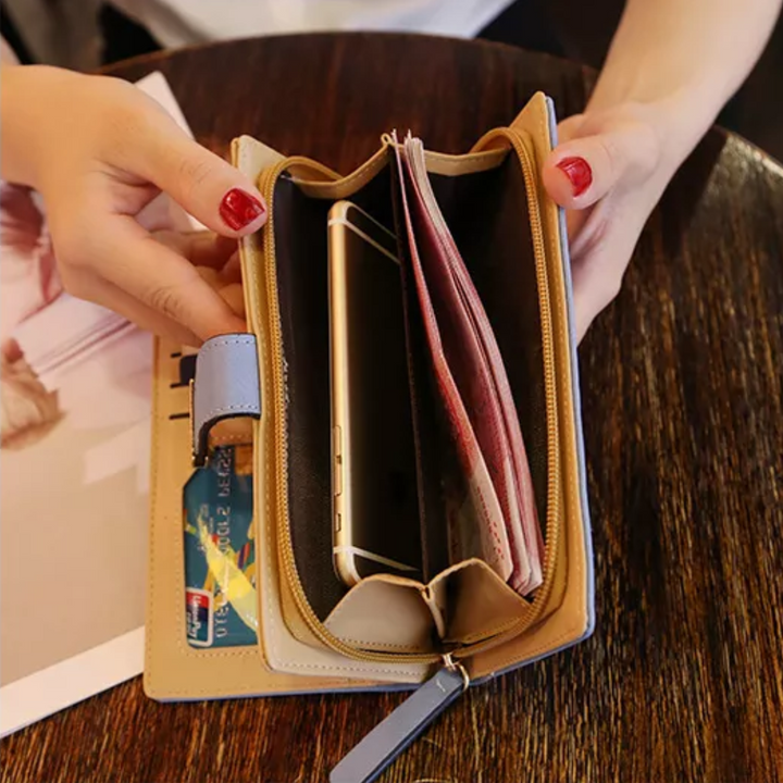 Damen-Geldbörse aus Leder, beige, mit Smartphone-Fach und Kartenfächern, stilvoll und praktisch.