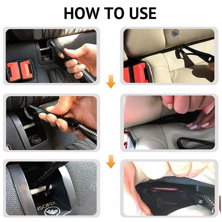 ISOFIX-Kindersitzbefestigung Anleitung, Schritt-für-Schritt, beige Autositze, Sicherheitsinstallation.