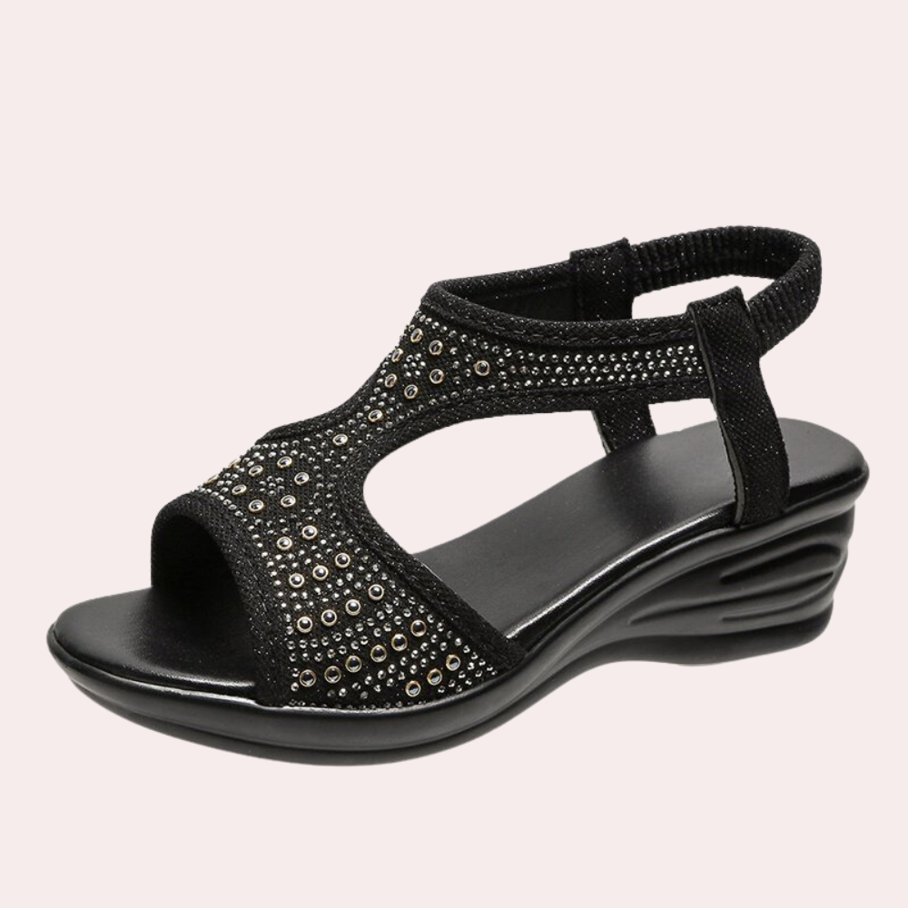 Schwarze Damen-Sandale mit Strasssteinen, Keilabsatz, bequem, elegant, Sommermode.