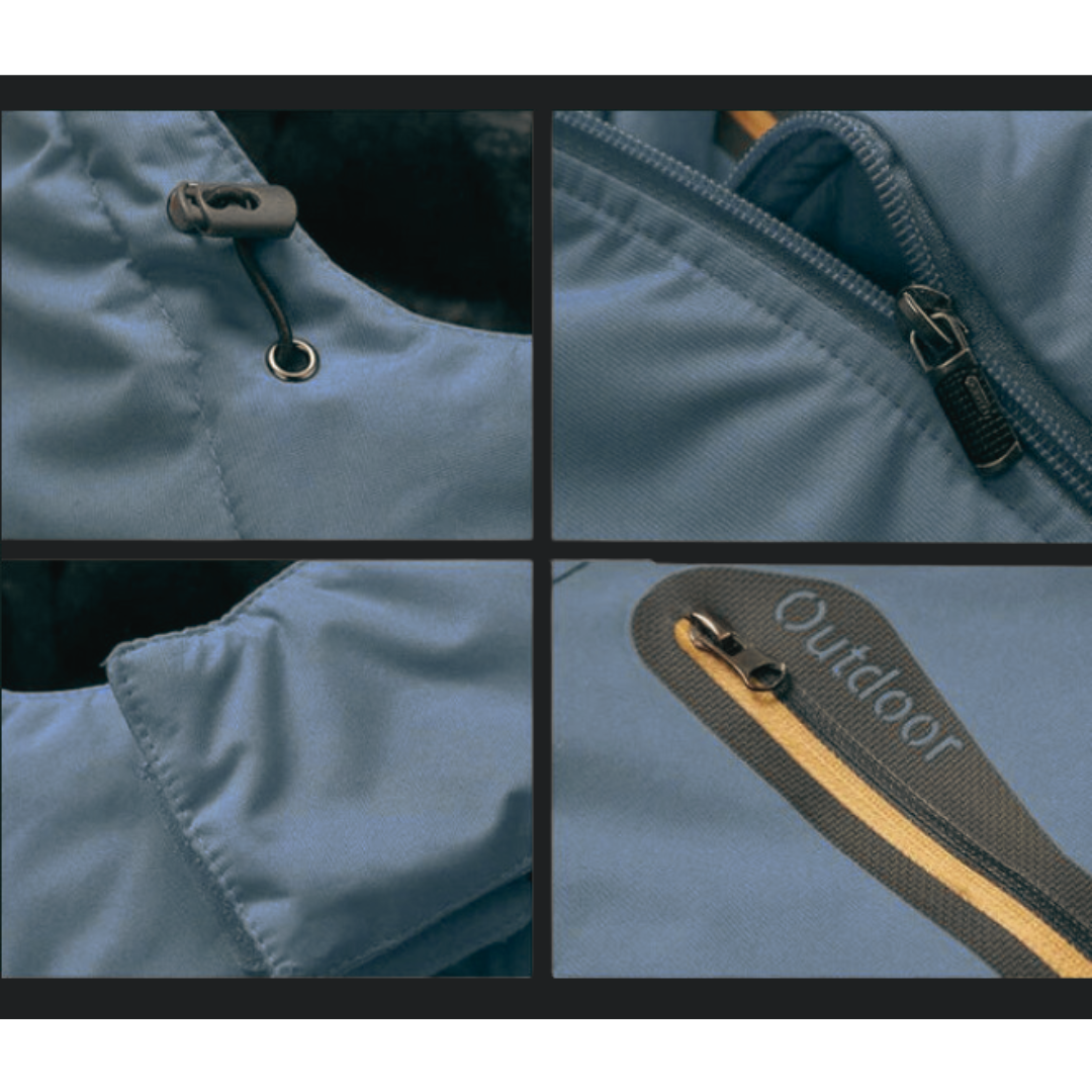 Blaue Outdoor-Jacke mit Reißverschluss, Kordelzug und Tasche, wasserabweisend, winddicht.